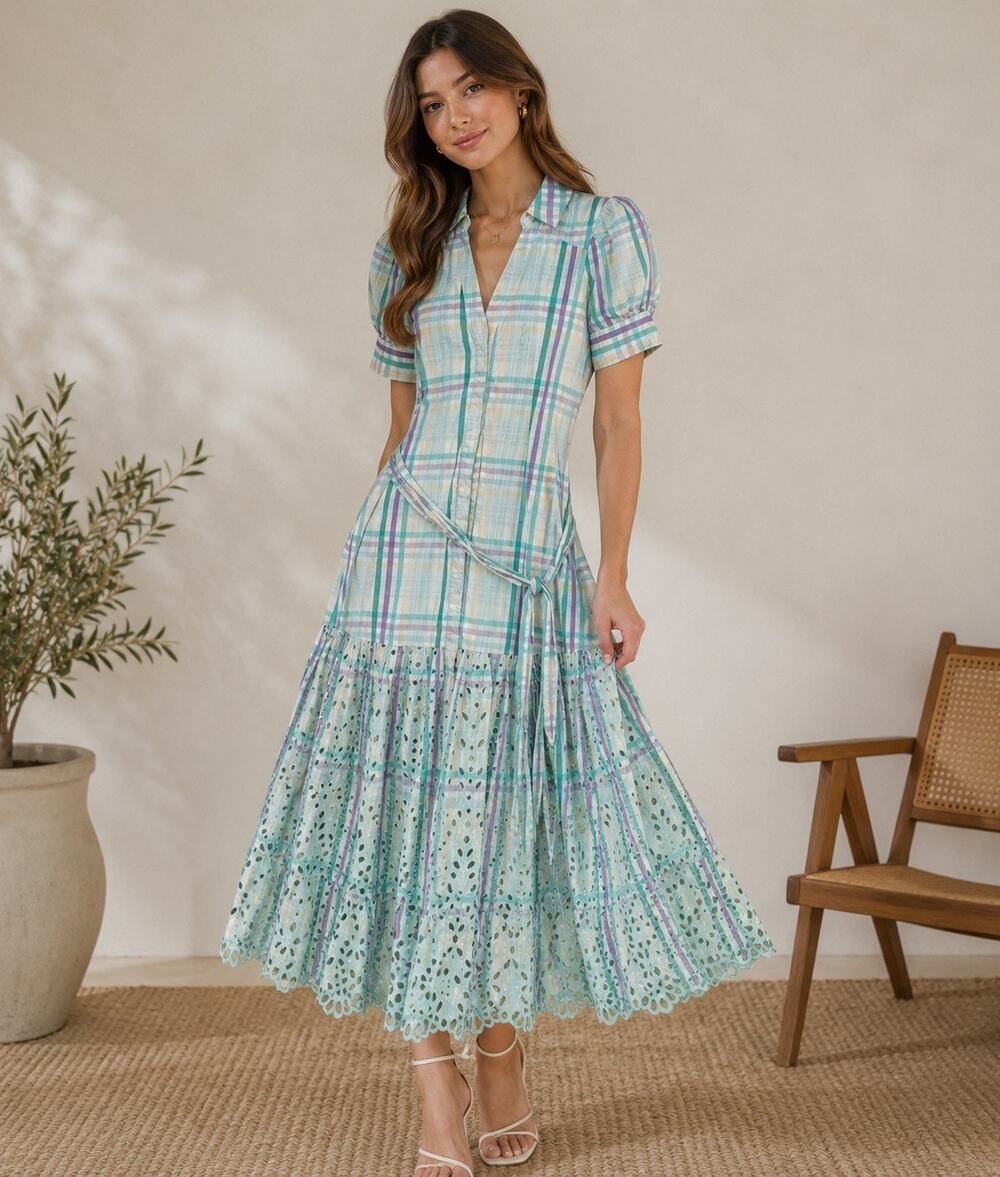 Tanya Taylor Short Sleeve Plaid fern check MIDI Cotton Dress Size 6 Aqua/Purple